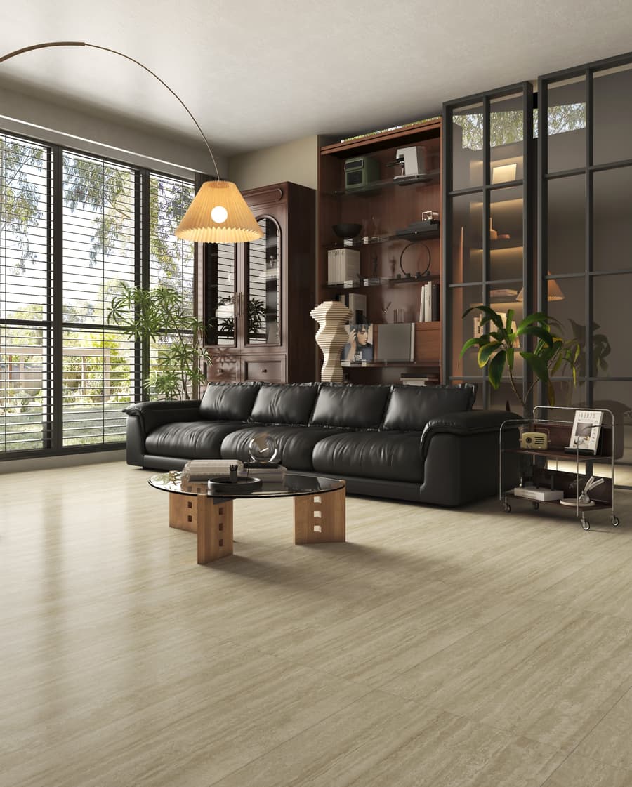 Representative travertine porcelain in a warm hotel interior